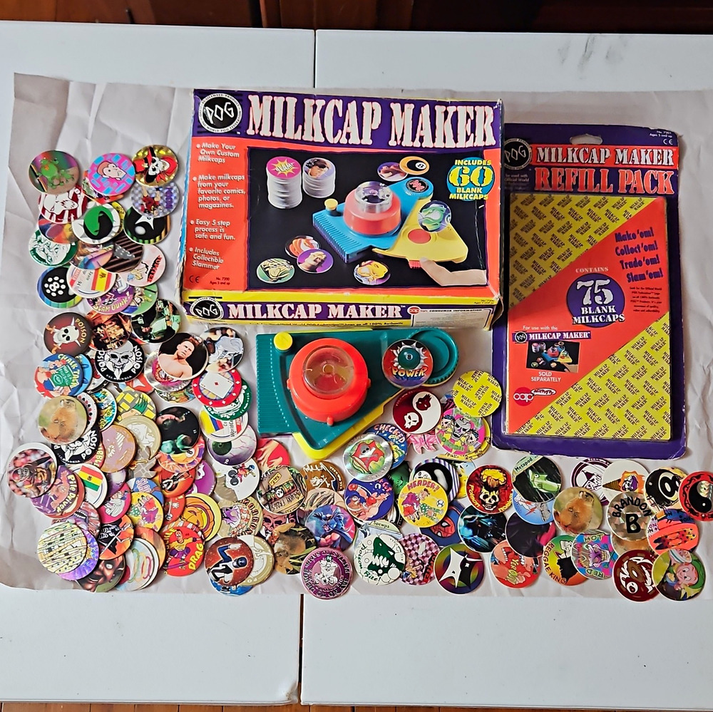 POG Milkcap Maker Set w/ Refill Pack 75 Blank Milkcaps + Assorted Caps/Slammer